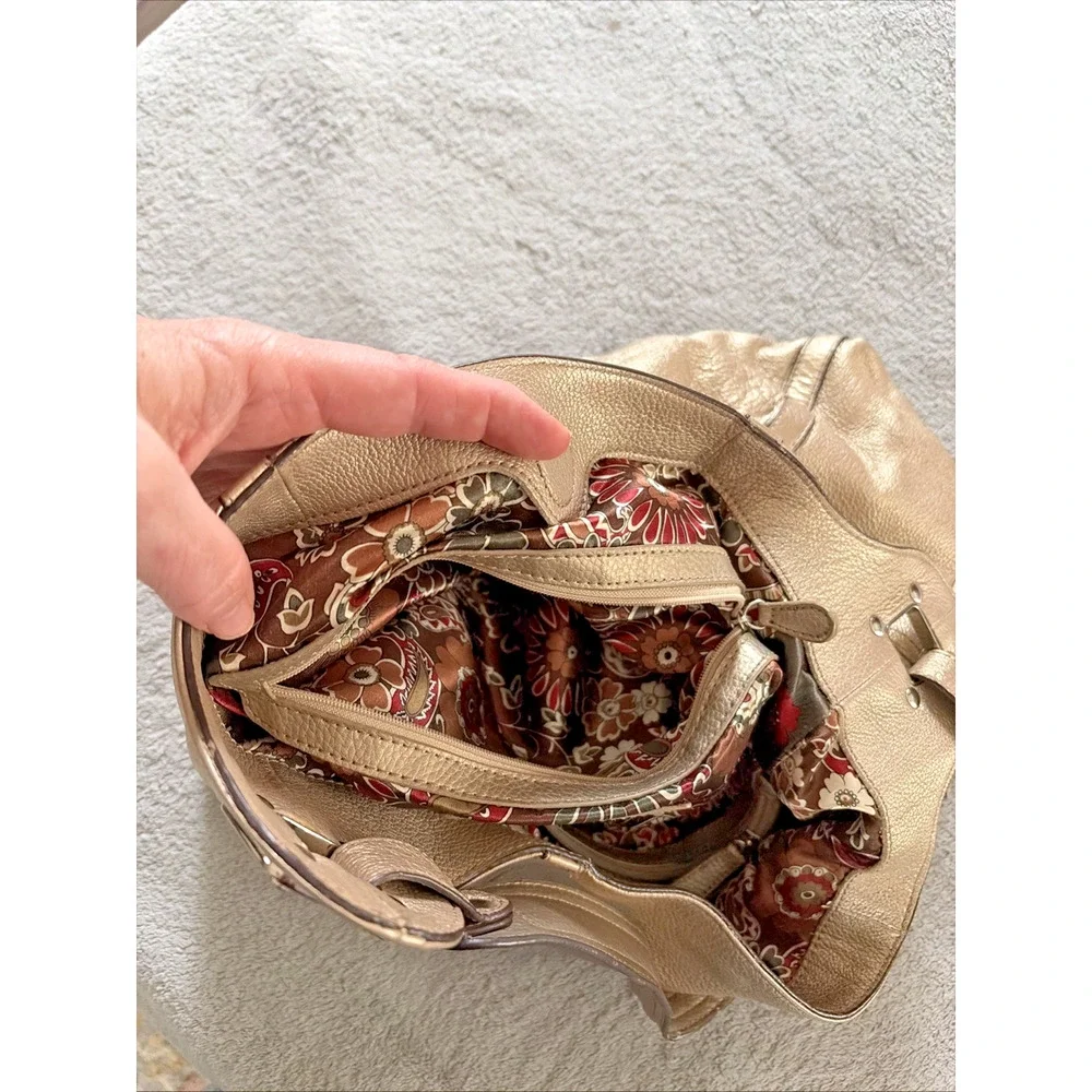 Tignanello Hobo Bag Purse Large Champagne Pebbled Leather Gold Jewel Tone Luxury